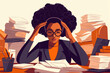 © Mirador - An overworked African American woman at a desk. She sits depressed at her workplace surrounded by stacks of paper and has her hands on her head.