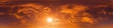 Glowing Golden Red Sunset Sky Panorama. HDR 360 Seamless Spherical Panorama. Full Zenith Or Sky Dome For 3D Visualization, Sky Replacement For Aerial Drone Panoramas. Nature Weather And Climate Change