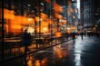 Blurred figures moving quickly as they pass by a restaurant located inside a glass-facade building, capturing the urban and fast-paced essence of city life. Photorealistic illustration