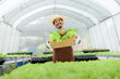 © 2B - Male Asian farmer holding vegetables showing to camera, smiling Modern business in the home building