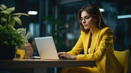 working person in yellow business suit at office