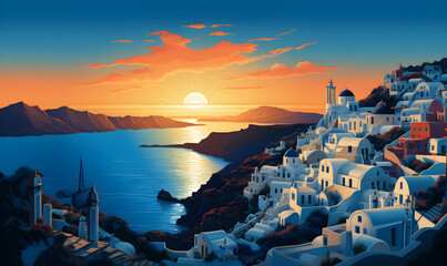 Wall Mural - Illustration of Santorini island of Greece, presentation picture, colorful illustration, travel postcard, tourism promotion concept, Generative AI