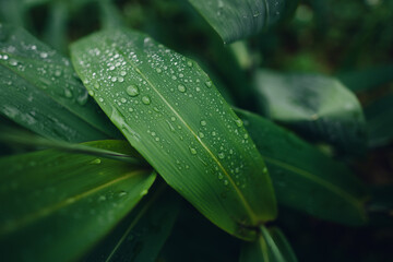 Canvas Print - leaves and water drops on a rainy day