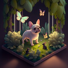 an isometric forest with a cute french bulldog with luminous butterflys anime chibi kawaii pixiv big soulful eyes Hyper realistic oil painting Natural Lighting Moody Lighting Cinematic Lighting 