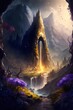 a golden city of elves fantasy Lord of the rings high mountains with snow waterfalls little bit mist purple and blue flowers vegetation glowing bioluminiscence hyper realistic hyper detailed epic 