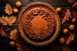 Traditional autumn-themed pumpkin pie adorned with leaves. Generative AI