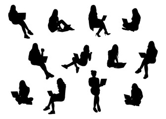 Wall Mural - set of silhouettes of girl with laptop