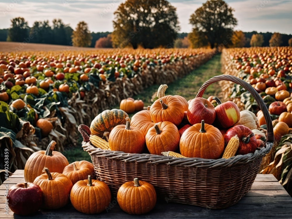 Basket of Pumpkins Cornucopia Fall Harvest Scene, Apples, and Corn on ...
