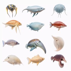 Wall Mural - set of illustrations of various marine animals on a white background