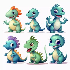 set of illustrations of types of dinosaurs with cartoon characters isolated on white background