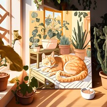 Golden Cat Lazing Modern Plants Balcony Boho Detailed Acrylic Painting Illustration 
