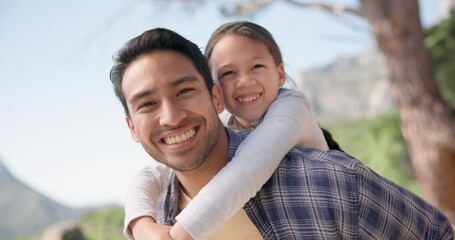 Wall Mural - Love, piggyback and face of father with girl child in a park bond, playing and having fun outdoor. Happy family, portrait and parent with kid in a forest for carrying, games and adventure in nature