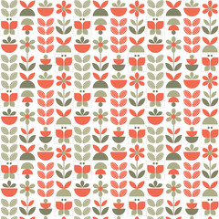 Wall Mural - Abstract geometric seamless pattern. Mosaic design with the simple shape of leaves and flowers in green and orange on white backgrounds. Neo geometric. Vector Illustration.