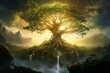 Yggdrasil, a Norse myth symbol, represents the life-giving tree. Generative AI