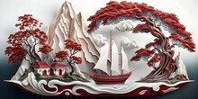 Fantasy Clouds Of White And Red Realistic Trees Houses On Leaves Raindrop Boats Mountain Faucet Style Sculpture 