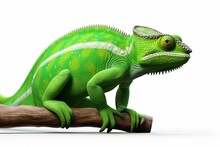 3D Green Chameleon Resting On A White Background. Generative AI