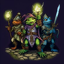 Three Anthropomorphic Frog Fantasy Adventurers Brave Armored Frog Knight Frog Lightning Wizard Wields A Glowing Wizards Staff Magical Frog Priest Of The Moon Banishes Evil Muppets Colored Inks Style 