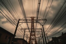 Overhead Power Lines Against A Cloudy Sky, Urban View From Below. Background. Generative AI