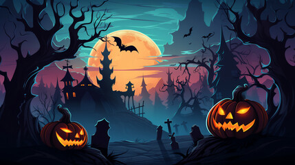 Wall Mural - A spooky Halloween scene with carved pumpkins and bats flying in the night sky