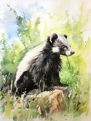 Wall Mural - A Minimal Watercolor of a Skunk in the Backyard of a Nice House in the Suburbs