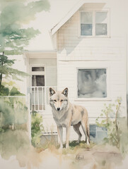 Wall Mural - A Minimal Watercolor of a Wolf in the Backyard of a Nice House in the Suburbs