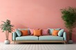 Canapé moderne dans une pièce neutre, dans un style de mise en scène minimaliste, multicolore, cottagecore, palettes de couleurs multiples, maquette, rendu 3d, design d'intérieur, inspiration. IA géné