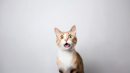 Wall Mural - fluffy domestic cat with wide eyes and an open mouth is surprised, emotional portrait of an animal, shocked look, meowing, screaming, facial expression, home pet, feline, whiskers, fur