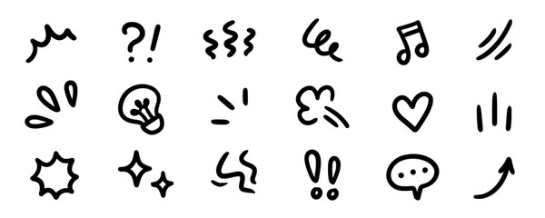 Poster - Line movement effect element, cartoon emotion effect decoration icon. Hand drawn cute doodle line element arrow, emphasis, shock, sparkle. Anime movement, express shape. Vector illustration.