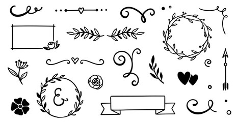 Aufkleber - Flower frame, vintage ribbon vector element. Hand drawn doodle cute floral border, arrow, banner ribbon set. Wedding swirl element, floral frame, flower decorative element. Vector illustration