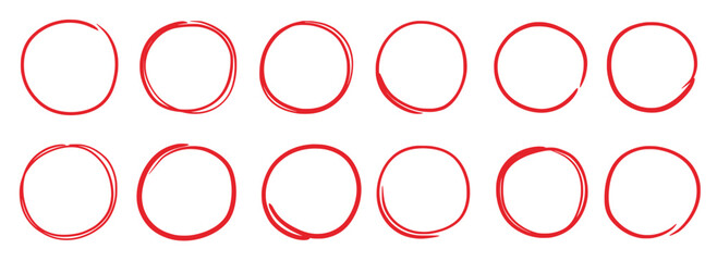 Poster - Hand drawn red marker round frame. Hand drawn marker stroke style doodle red circle frame. Scribble round frame for check, text highlight. Grunge scratch style set. Vector illustration