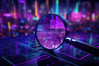 Magnifying glass enlarging the electronic circuit board with processor background. Magnifier with computer processor in neon color cyberpunk background.