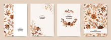 Thanksgiving Day Card Templates With
Autumn Watercolor Foliage And Flowers In Warm Brown Tones. Vector Illustration For Greeting Card, Wedding Invitation, Poster, Flyer, Cover, Banner, Social Media