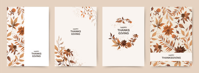 Wall Mural - thanksgiving day card templates with autumn watercolor foliage and flowers in warm brown tones. vect