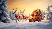Santas Sleigh Pulled By Reindeers With Gift Boxes On The Winter Background AI Generative