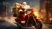 Santa Claus Riding A Scooter With A Lot Of Christmas Presents.