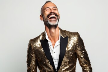 Wall Mural - happy middle aged man with golden jacket laughing on a white background.