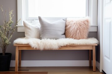 Wall Mural - a wooden bench in an entryway with fluffy pillows