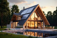 Contemporary Residence Featuring Solar Panels On Its Gable Roof. Generative AI