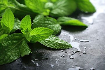 Sticker - freshly picked peppermint leaves on a stone surface