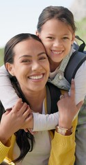 Poster - Backpack, hiking and face of mother with girl child in a park with hug, support and care outdoor. Travel, freedom and portrait of kid embrace mom in nature for trekking, adventure and fun exploring