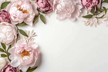 Wall Mural - Elegant peonies frame, with petals, buds, and white background. Generative AI