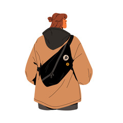 Wall Mural - People with waist bum bag walking in city back view. Young woman wearing casual outfit, hoodie. Girl with fanny pack with patches standing. Flat isolated vector illustration on white background