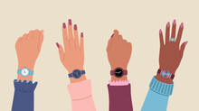 Group Of Female Hands With Wrist Watches. Fashion Clock Collection. Hand Drawn Vector Illustration Isolated On Light Background, Flat Cartoon Style.