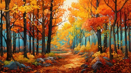 Sticker - Forest canopy weaves a tapestry of vibrant hues, soon to descend earthward. Falling leaves natural background.