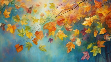 Poster - Vibrant foliage rustles gently, dancing in the crisp breeze. Falling leaves natural background.