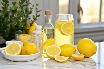 Poster - sliced lemon and lemon skincare products on a table