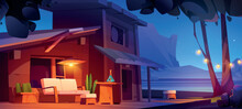 House With Patio Near Lake In Night Forest. Vector Cartoon Illustration Of Wooden Building With Garden Furniture On Terrace, Garland On Tree, Wine Bottle On Table, Mountain View, Dark Starry Sky