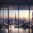 Amidst the towering skyscrapers of dubai, a window frames the ever-changing cityscape, capturing the vibrant colors of a sunrise and the tranquil reflection of a sunset over the shimmering waters, br