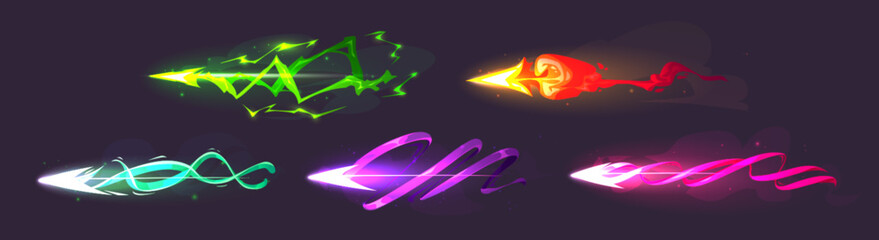 Wall Mural - Set of laser gun shots isolated on black background. Vector cartoon illustration of neon color arrows glowing with green lightning, purple spiral, pink love spell, orange fire effects, blaster attack