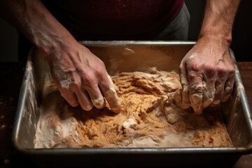 Poster - hands using a spatula to scrape dough into a bread tin